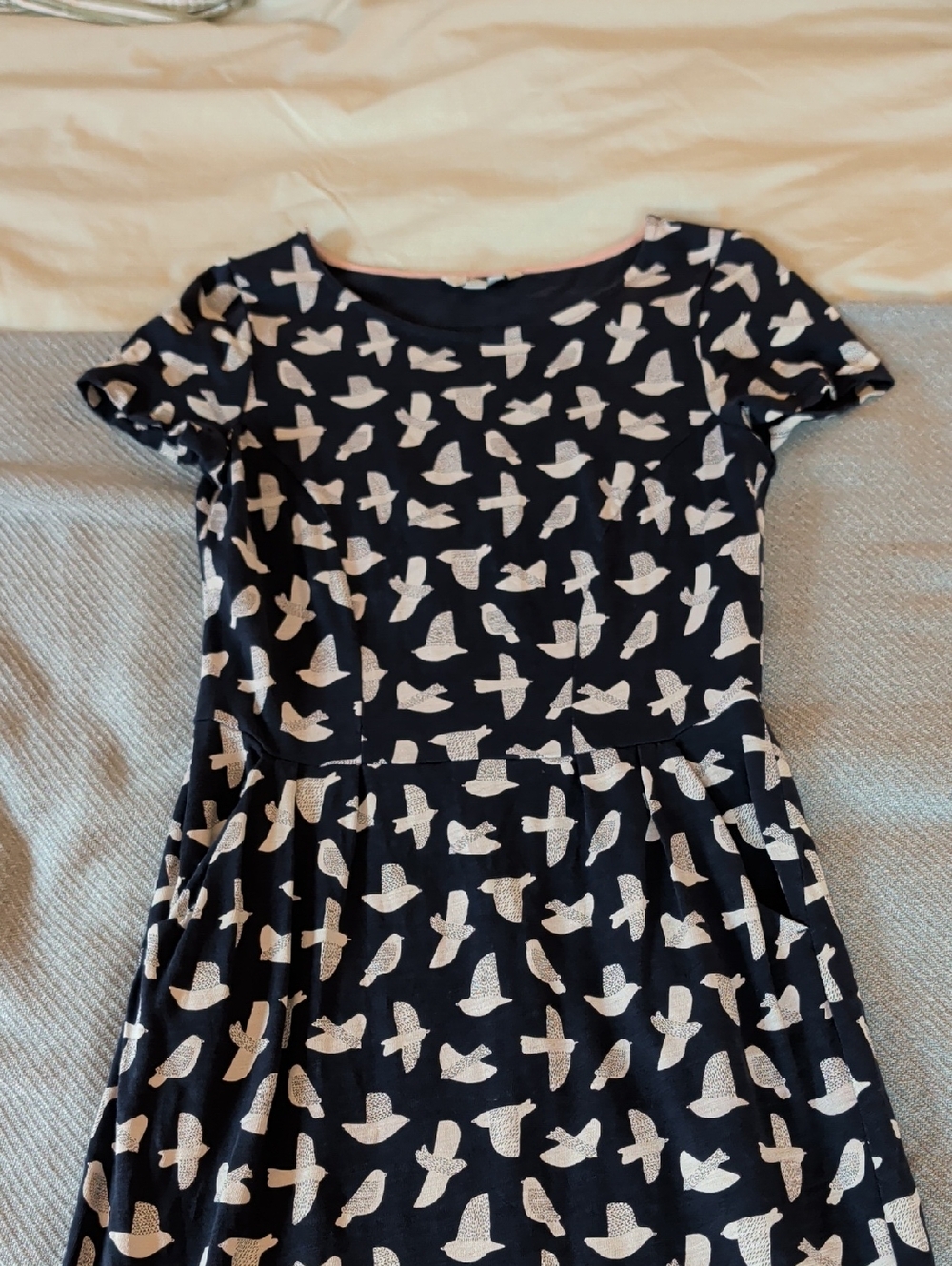 Boden navy dress with white bird print and pink trim
